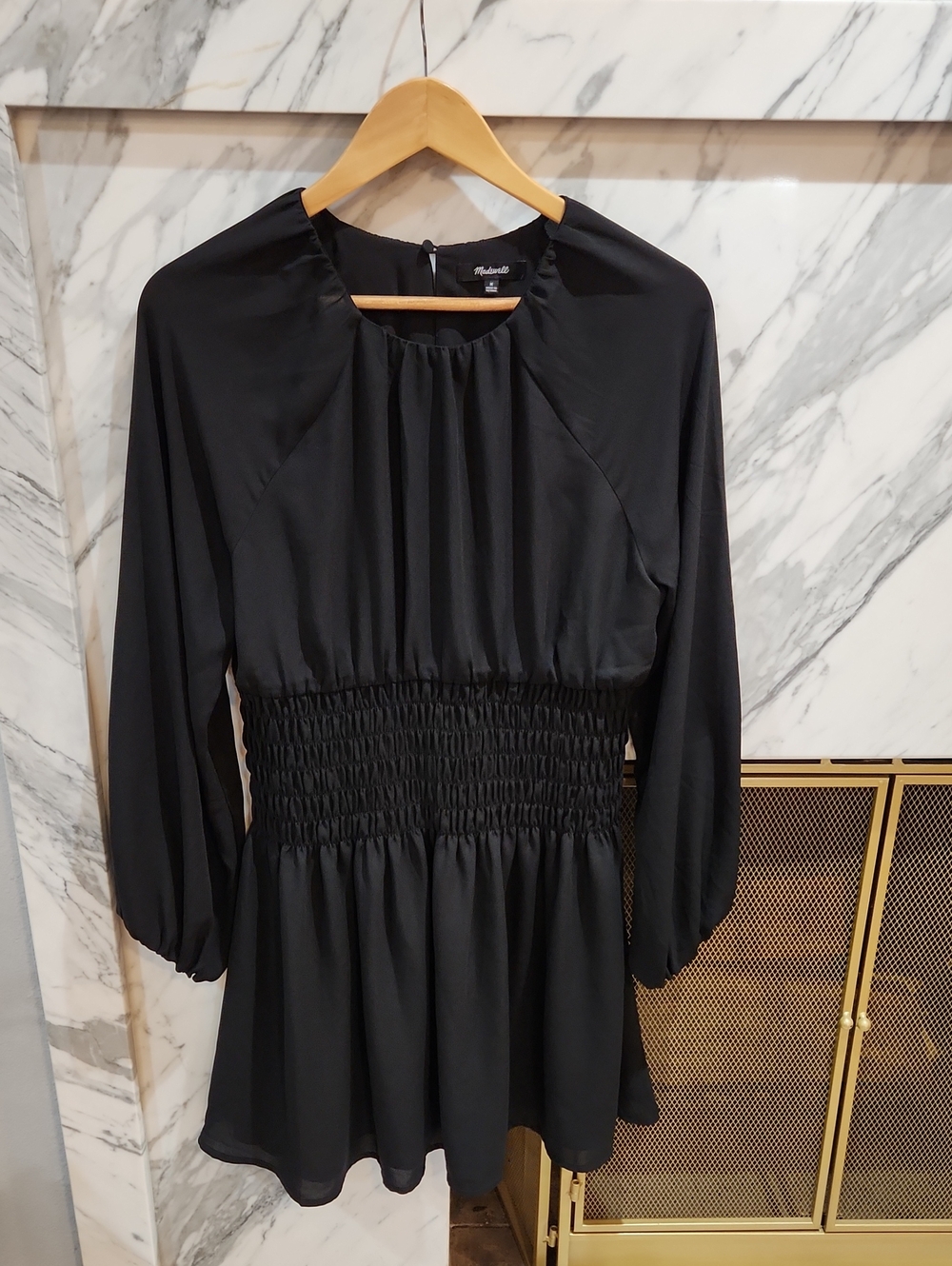 Madewell Black Long-Sleeve Smocked-Waist Peplum Dress